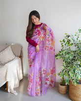 Taffy Pink Printed And Aari Sequence Worked Pure Organza Saree